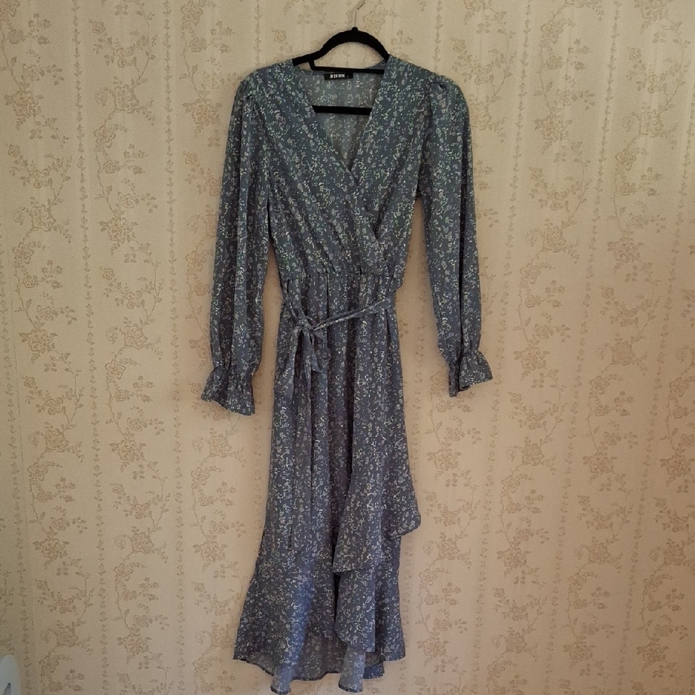 BTFBM Floral Blue Prairie Faux Wrap Midi Maxi Dress Size S